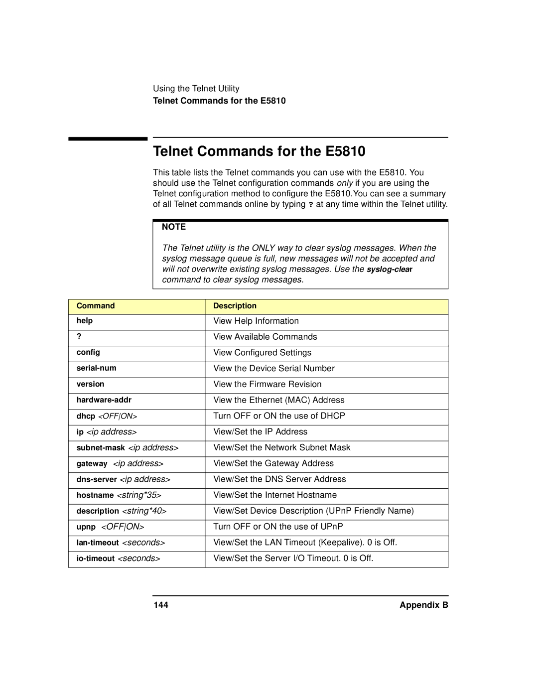 Agilent Technologies E5810A manual Telnet Commands for the E5810, Appendix B 