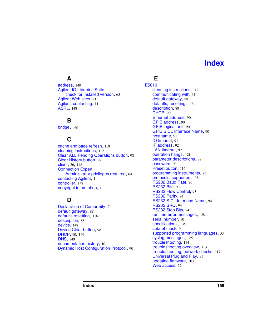 Agilent Technologies E5810A manual Index 159 