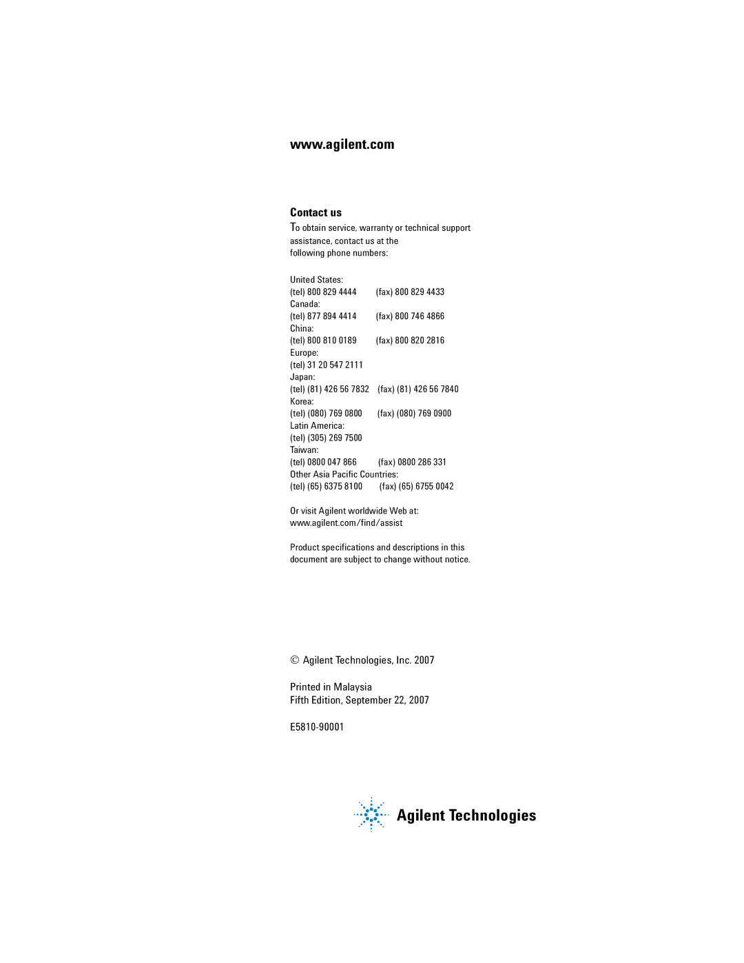 Agilent Technologies E5810A manual Contact us, Or visit Agilent worldwide Web at 