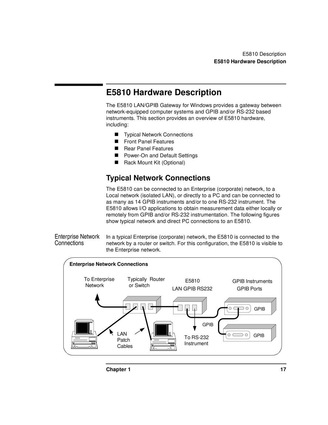 Agilent Technologies E5810A manual E5810 Hardware Description, Typical Network Connections, Enterprise Network Connections 