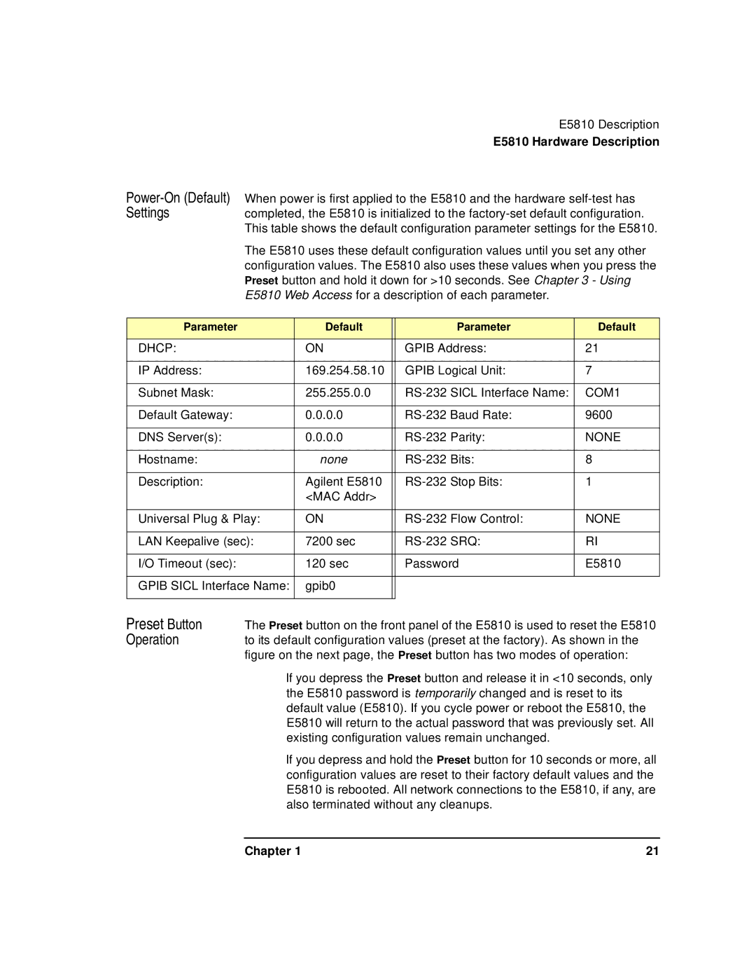 Agilent Technologies E5810A manual Power-On Default Settings 