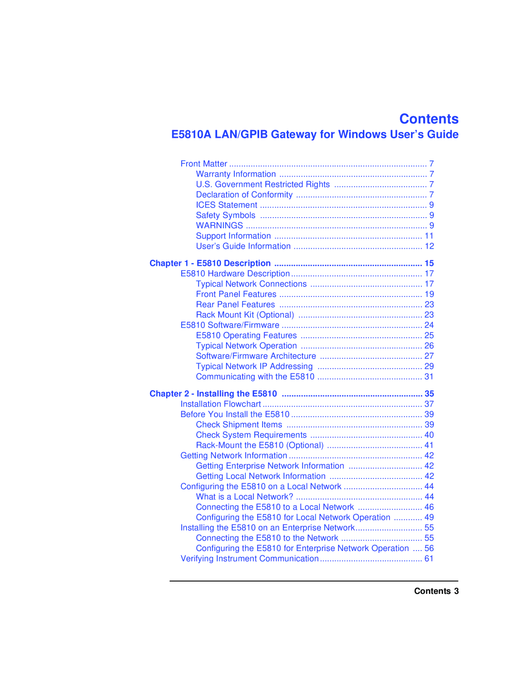 Agilent Technologies E5810A manual Contents 