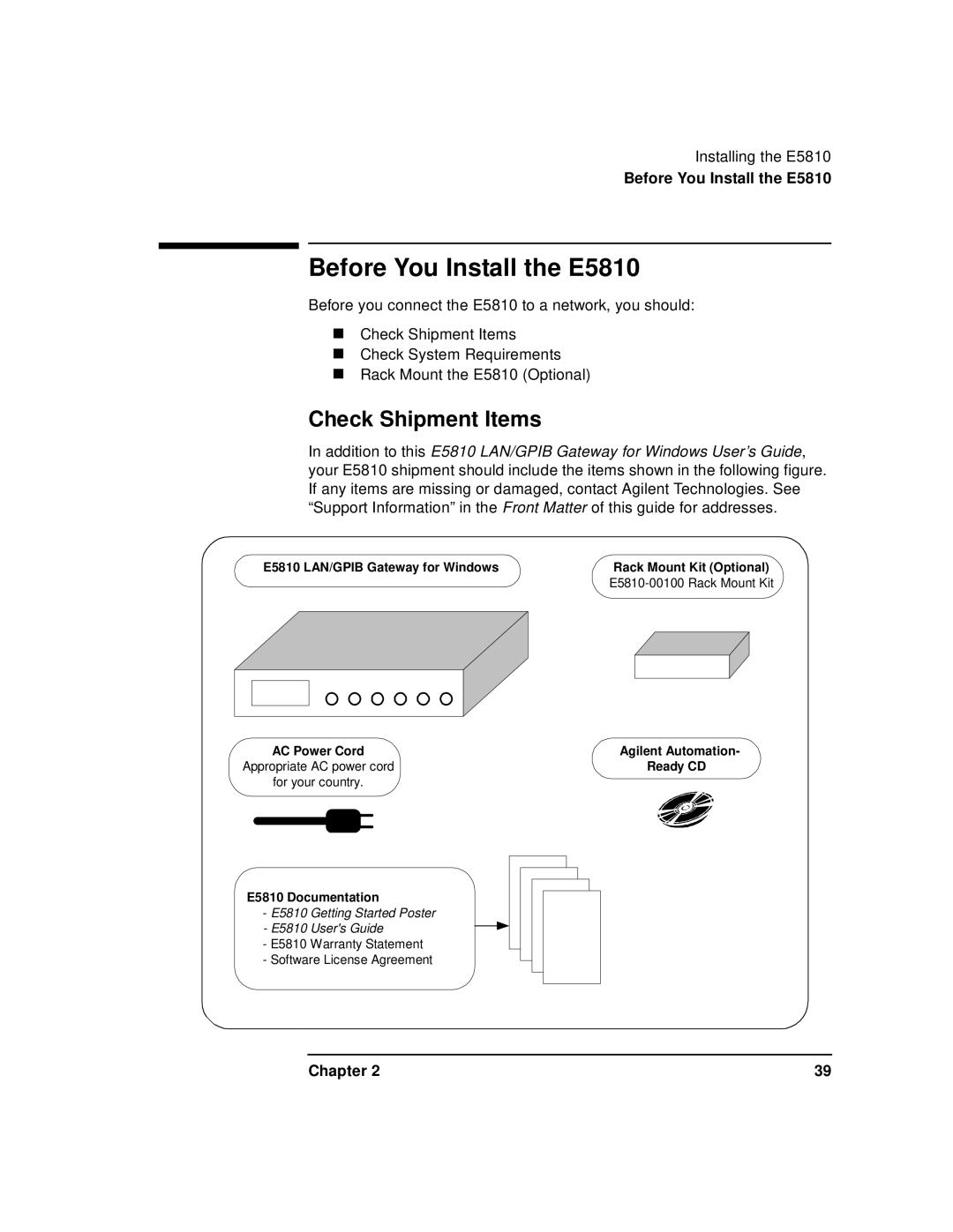 Agilent Technologies E5810A manual Before You Install the E5810, Check Shipment Items 