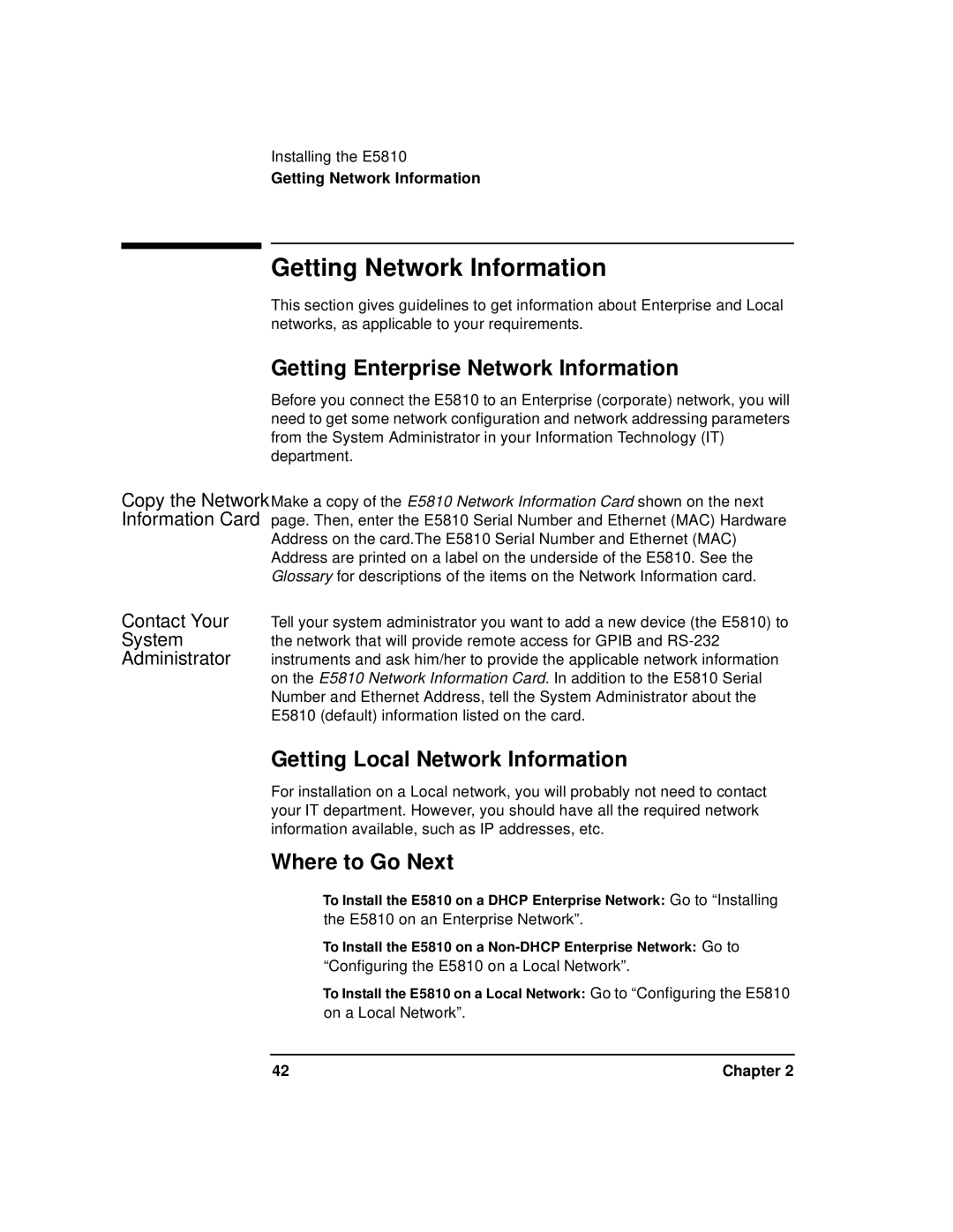 Agilent Technologies E5810A manual Getting Network Information, Getting Enterprise Network Information, Where to Go Next 