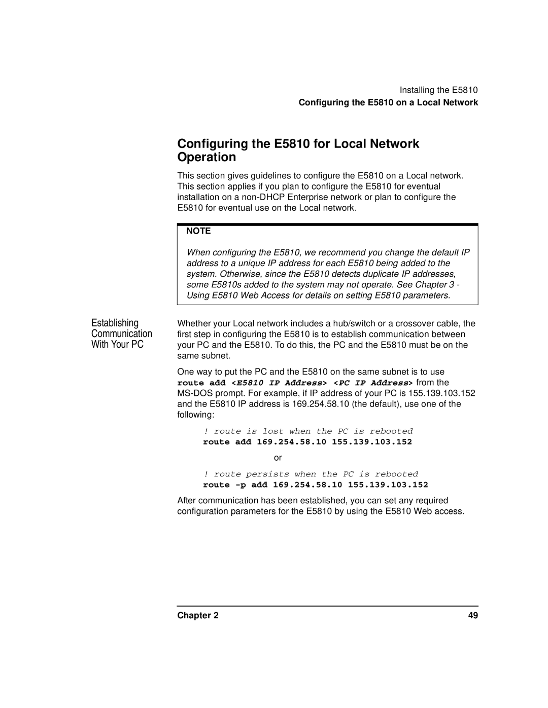 Agilent Technologies E5810A Configuring the E5810 for Local Network Operation, Establishing Communication With Your PC 