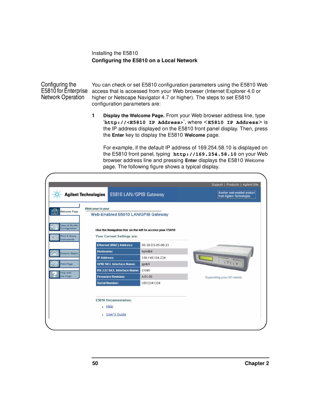 Agilent Technologies E5810A manual Configuring the E5810 on a Local Network 