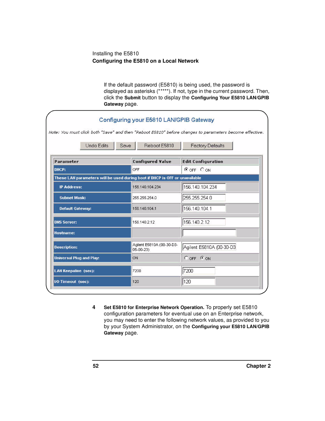 Agilent Technologies E5810A manual Configuring the E5810 on a Local Network 