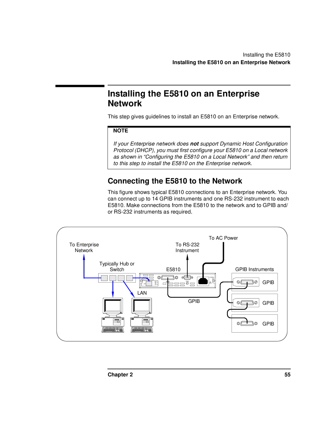 Agilent Technologies E5810A manual Installing the E5810 on an Enterprise Network, Connecting the E5810 to the Network 