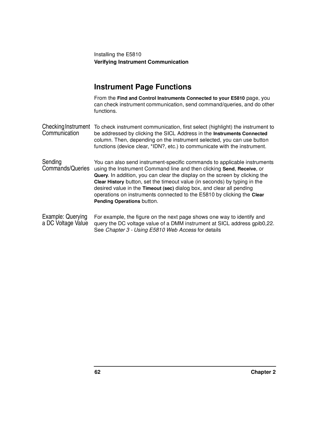 Agilent Technologies E5810A manual Instrument Page Functions, Checking Instrument Communication Sending Commands/Queries 