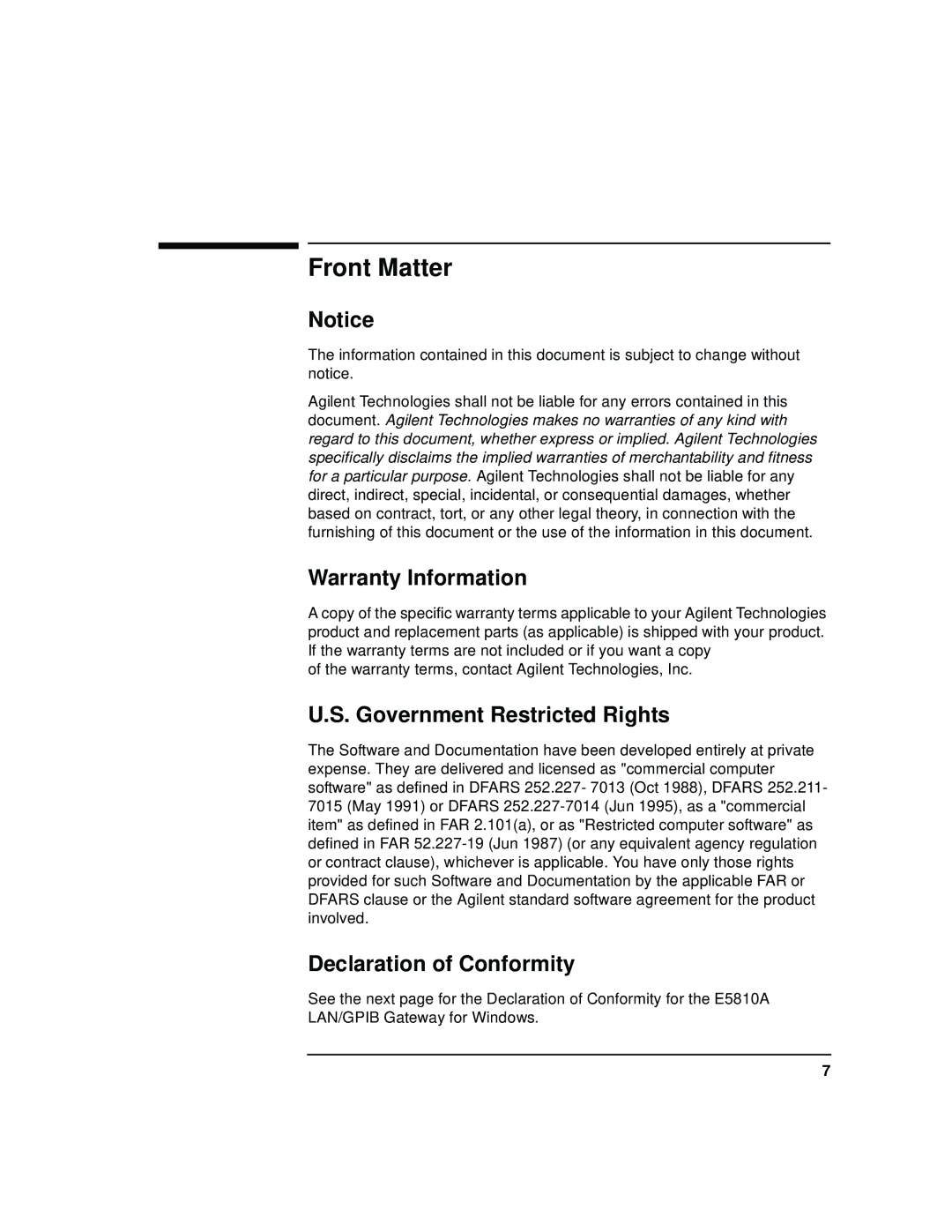 Agilent Technologies E5810A Front Matter, Warranty Information, Government Restricted Rights, Declaration of Conformity 