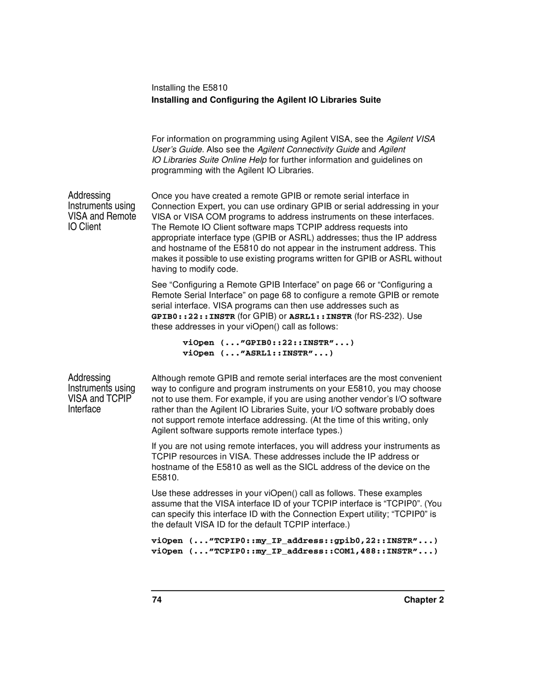 Agilent Technologies E5810A manual Addressing Instruments using Visa and Tcpip Interface 