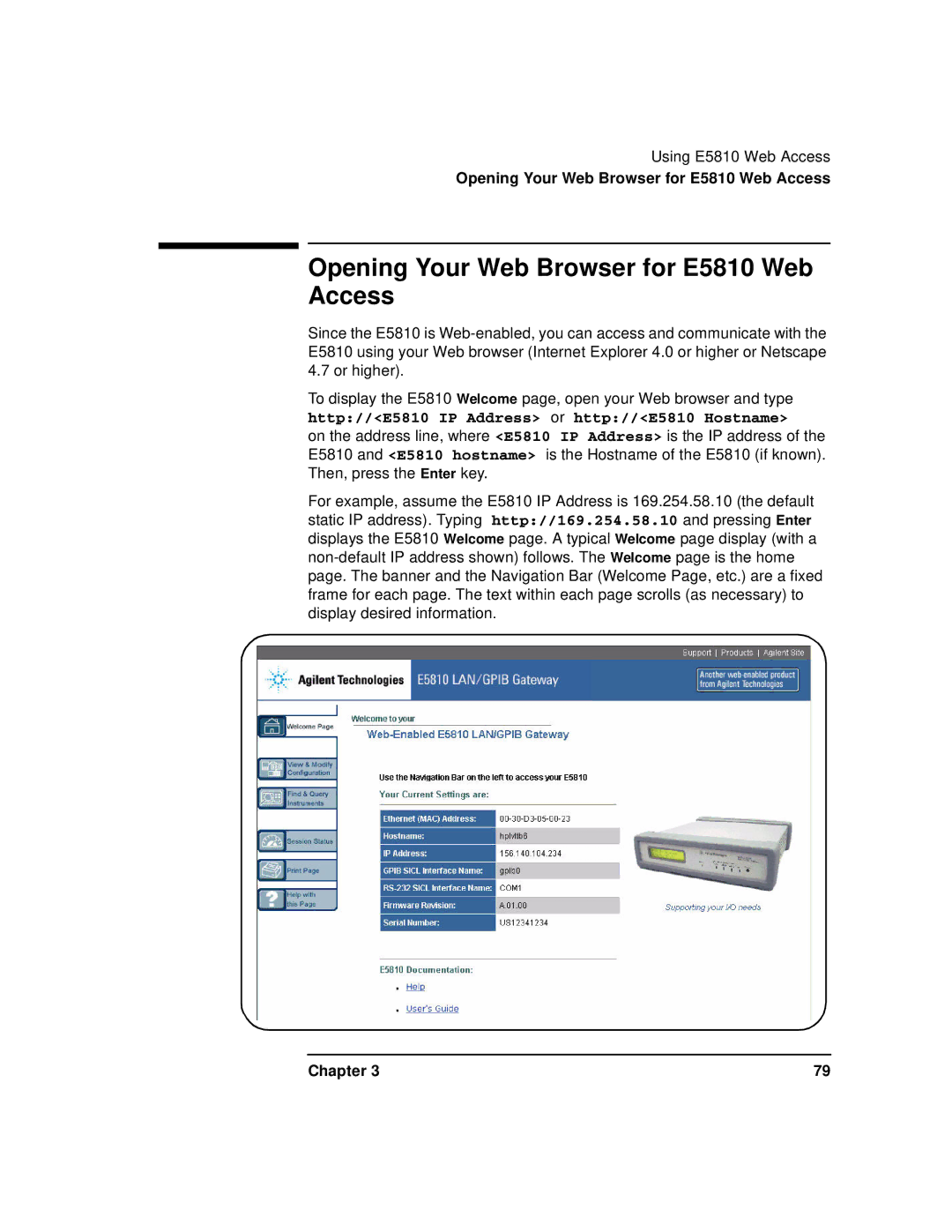 Agilent Technologies E5810A manual Opening Your Web Browser for E5810 Web Access 