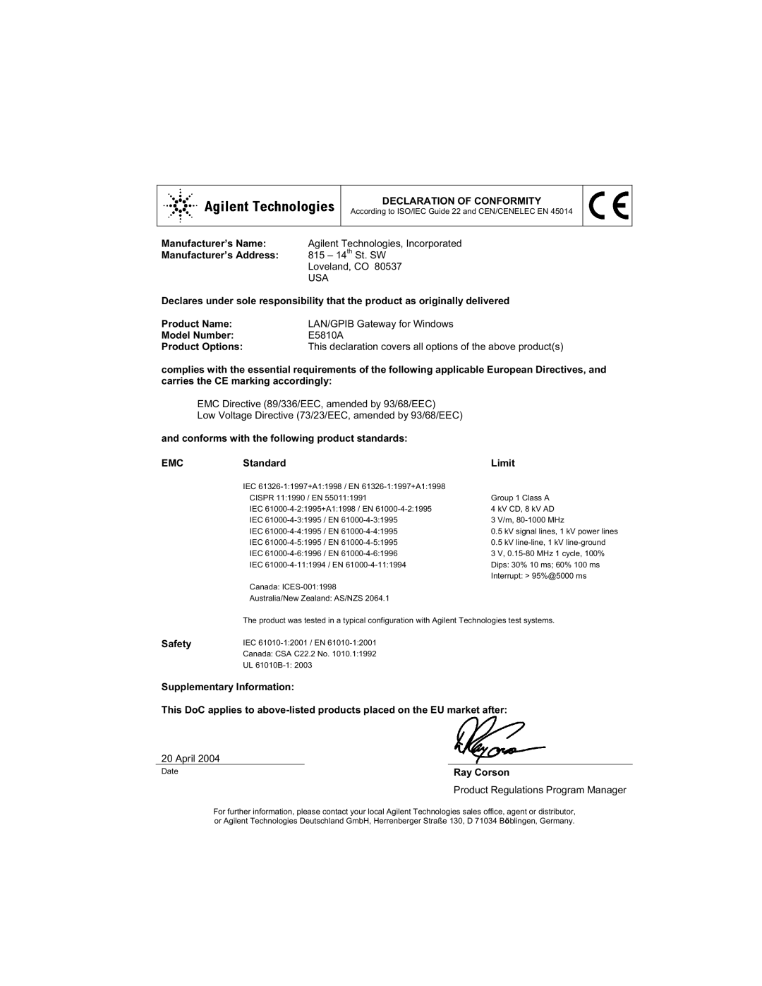 Agilent Technologies E5810A manual Declaration of Conformity 