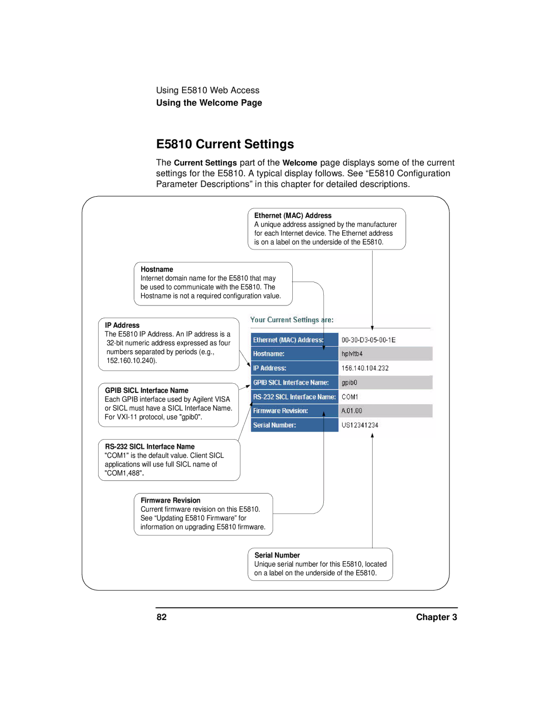 Agilent Technologies E5810A manual E5810 Current Settings, Ethernet MAC Address 