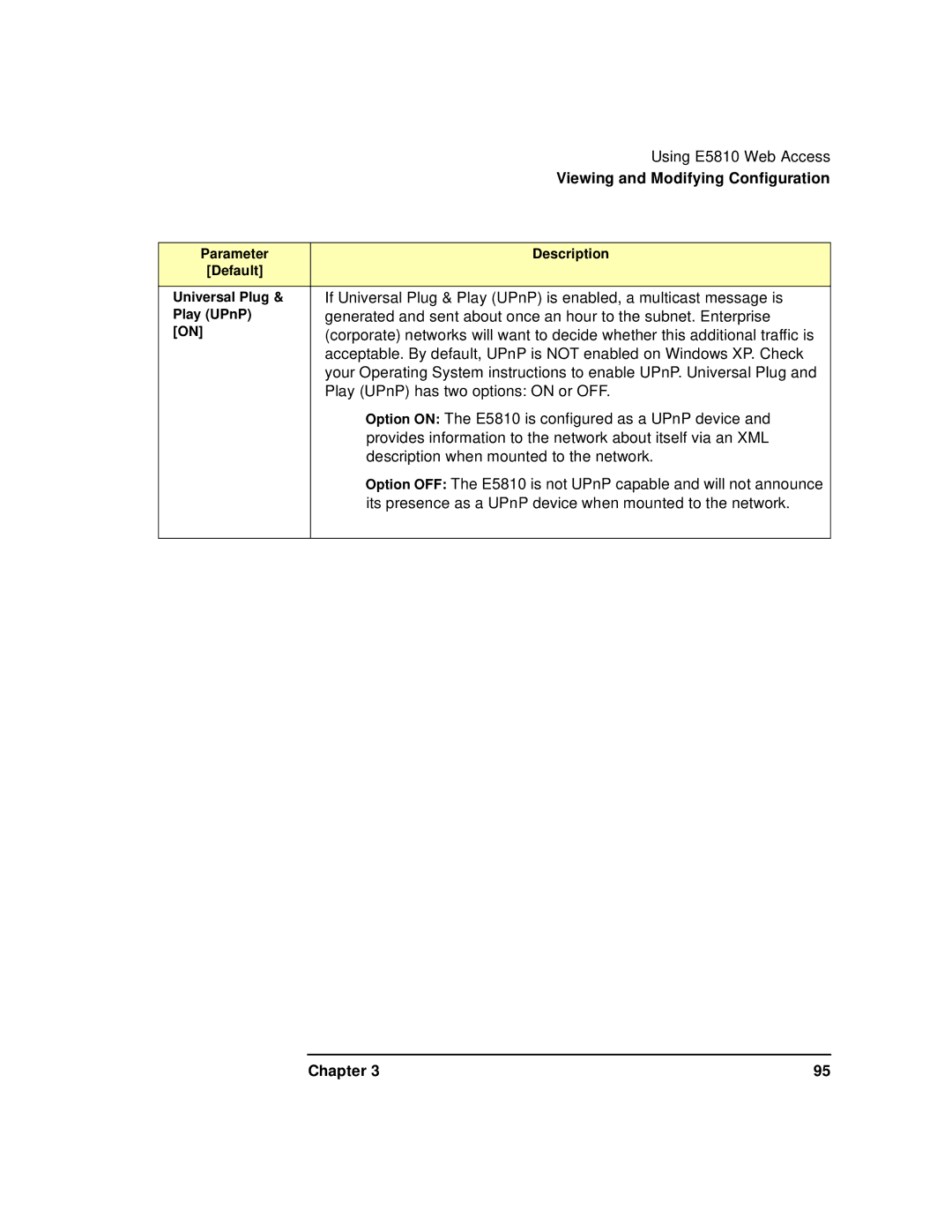 Agilent Technologies E5810A manual Play UPnP has two options on or OFF 