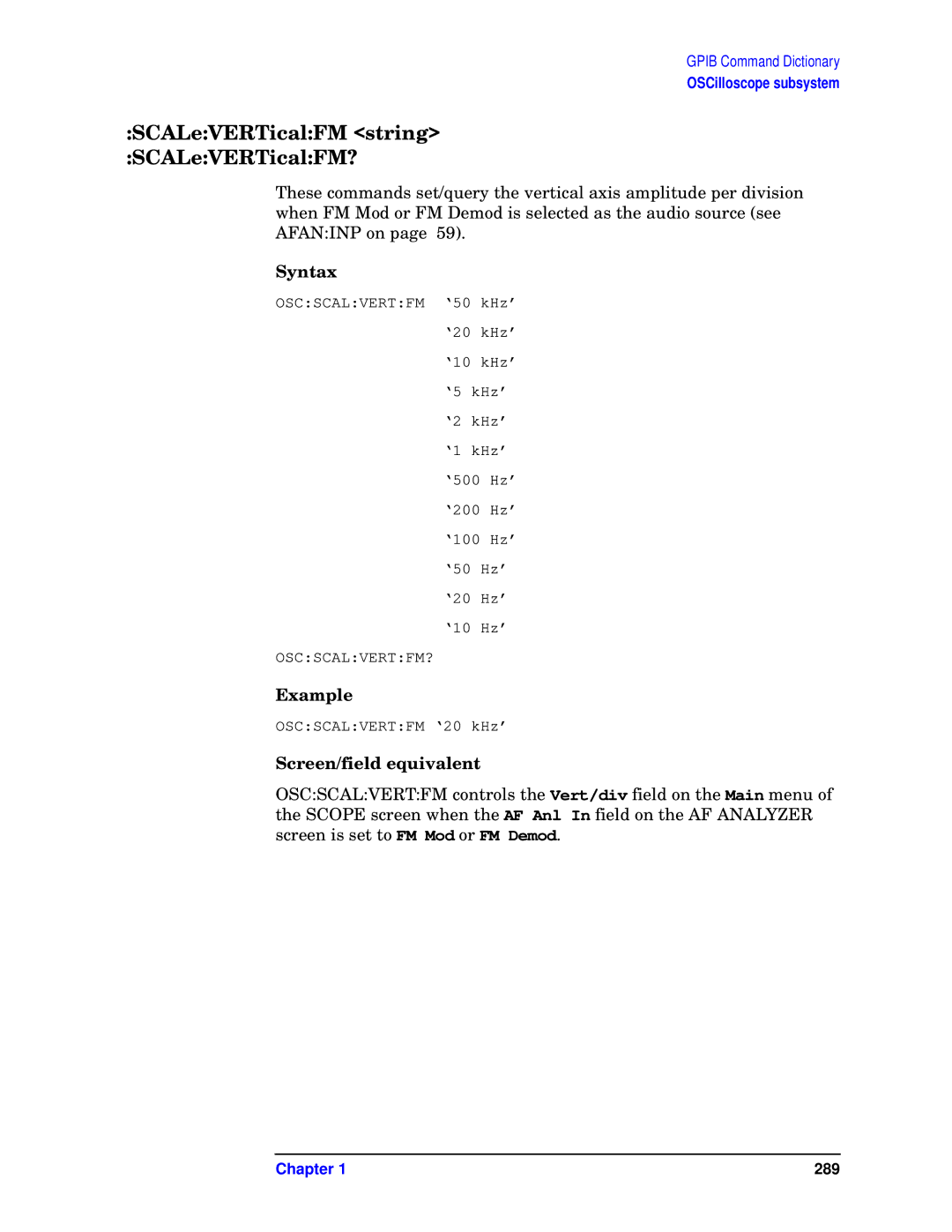 Agilent Technologies E6380-90073 manual SCALeVERTicalFM string SCALeVERTicalFM? 