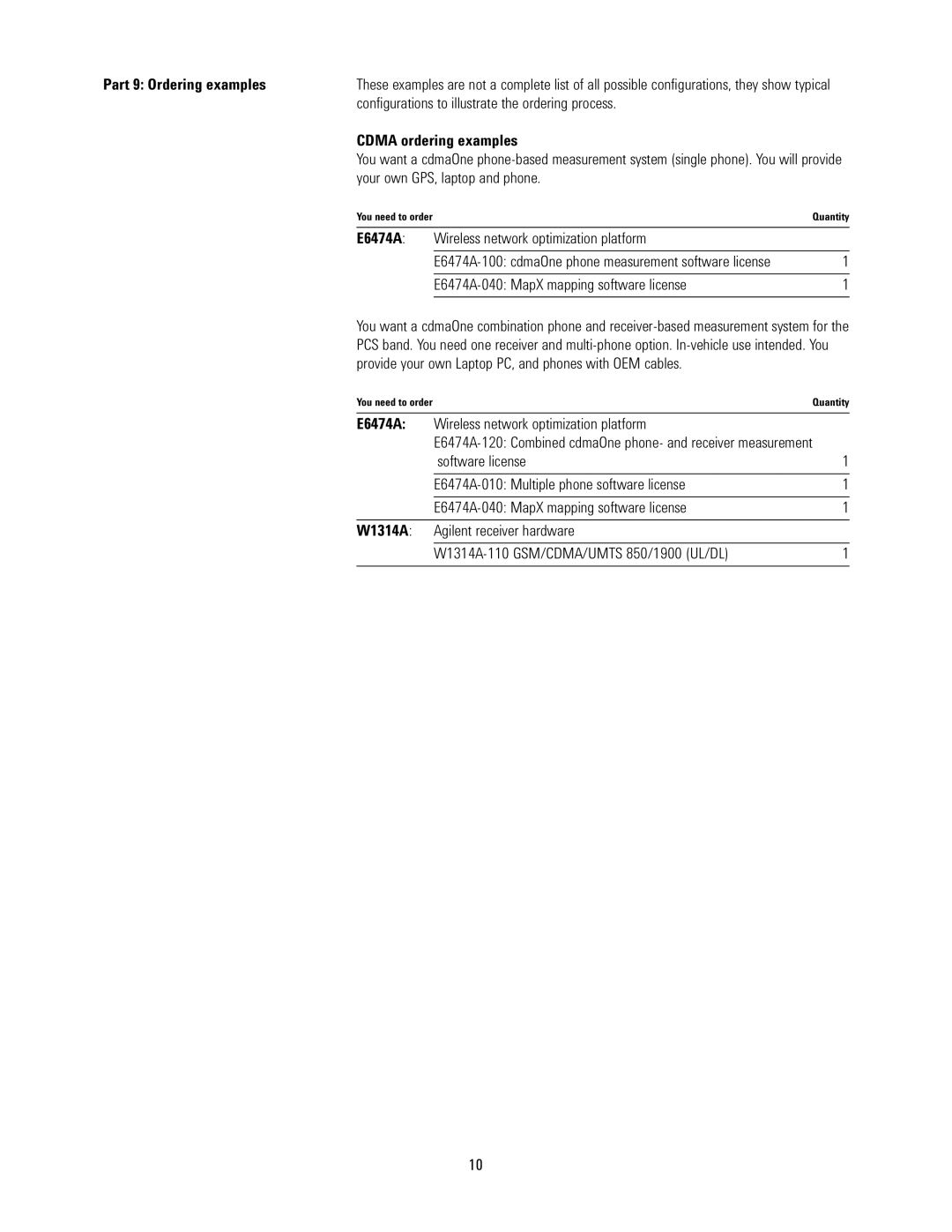 Agilent Technologies E6474A manual Part 9 Ordering examples, Cdma ordering examples, W1314A 