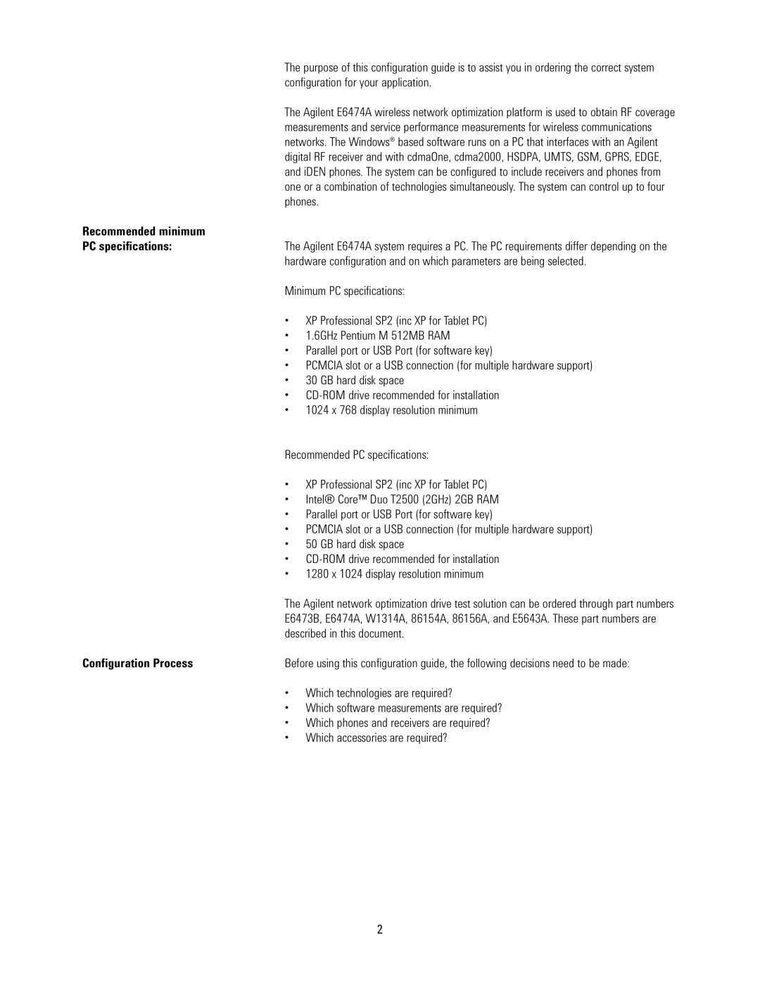 Agilent Technologies E6474A manual Recommended minimum PC specifications, Configuration Process 