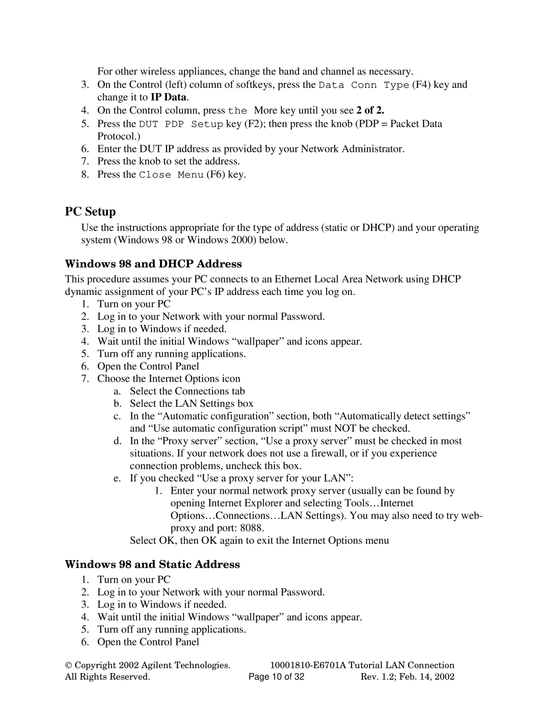 Agilent Technologies E6701A manual PC Setup, Windows 98 and Dhcp Address, Windows 98 and Static Address 