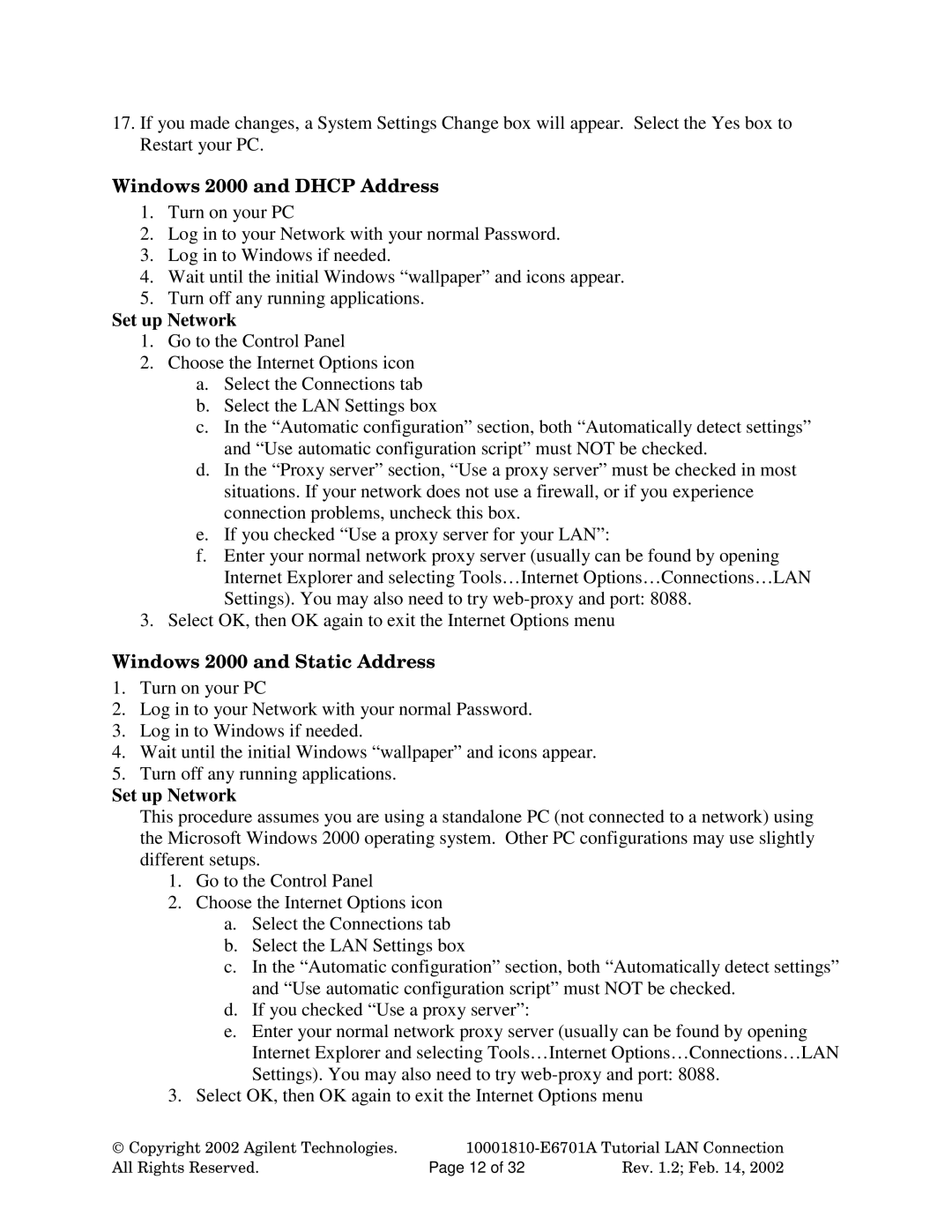 Agilent Technologies E6701A manual Windows 2000 and Dhcp Address, Set up Network, Windows 2000 and Static Address 