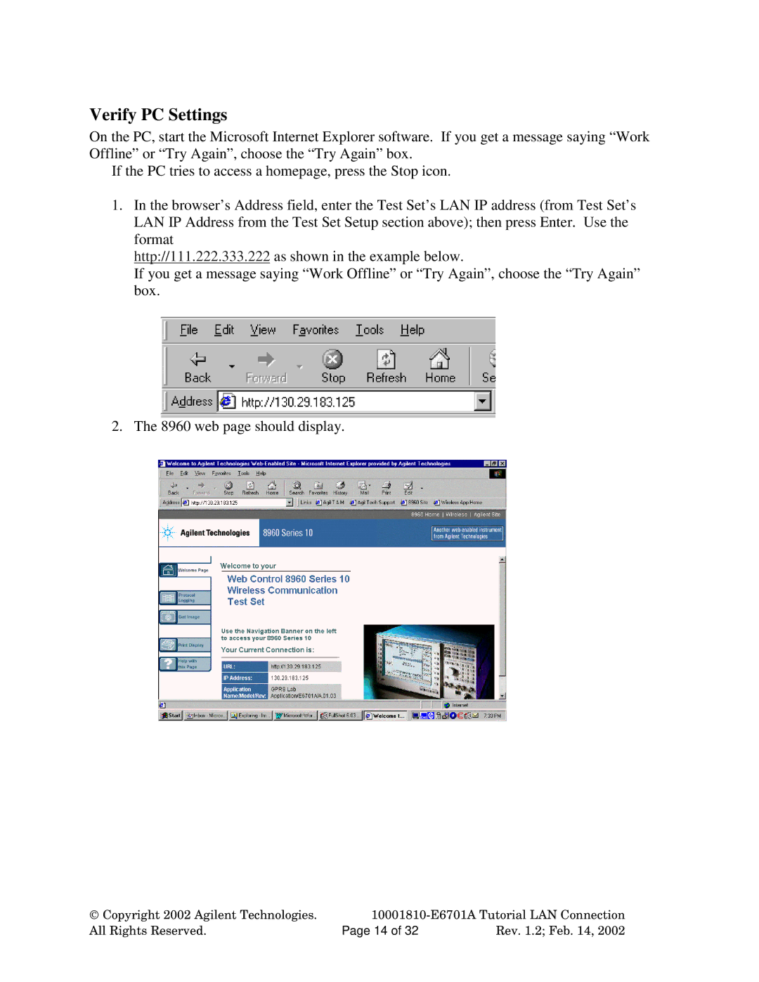 Agilent Technologies E6701A manual Verify PC Settings 