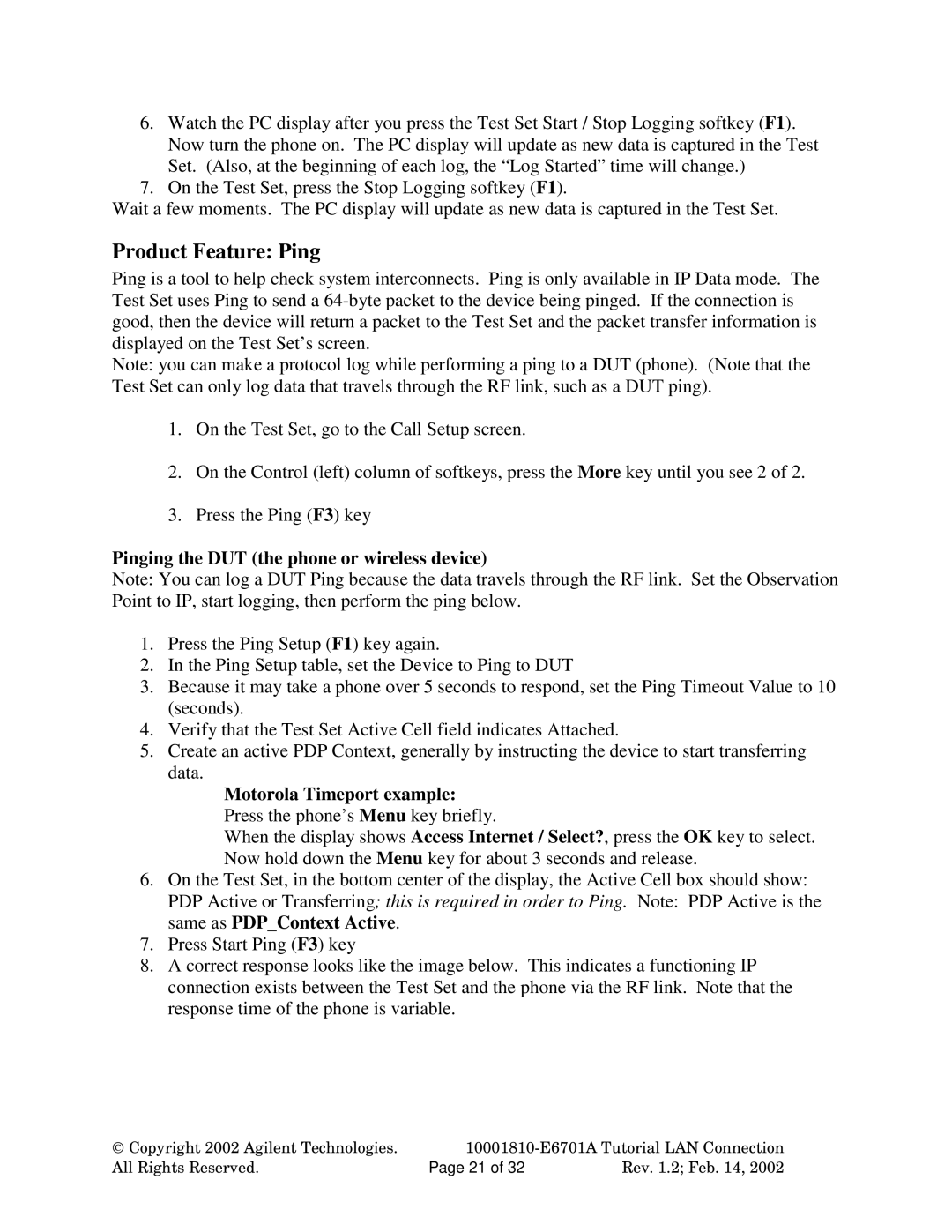 Agilent Technologies E6701A manual Product Feature Ping, Pinging the DUT the phone or wireless device 