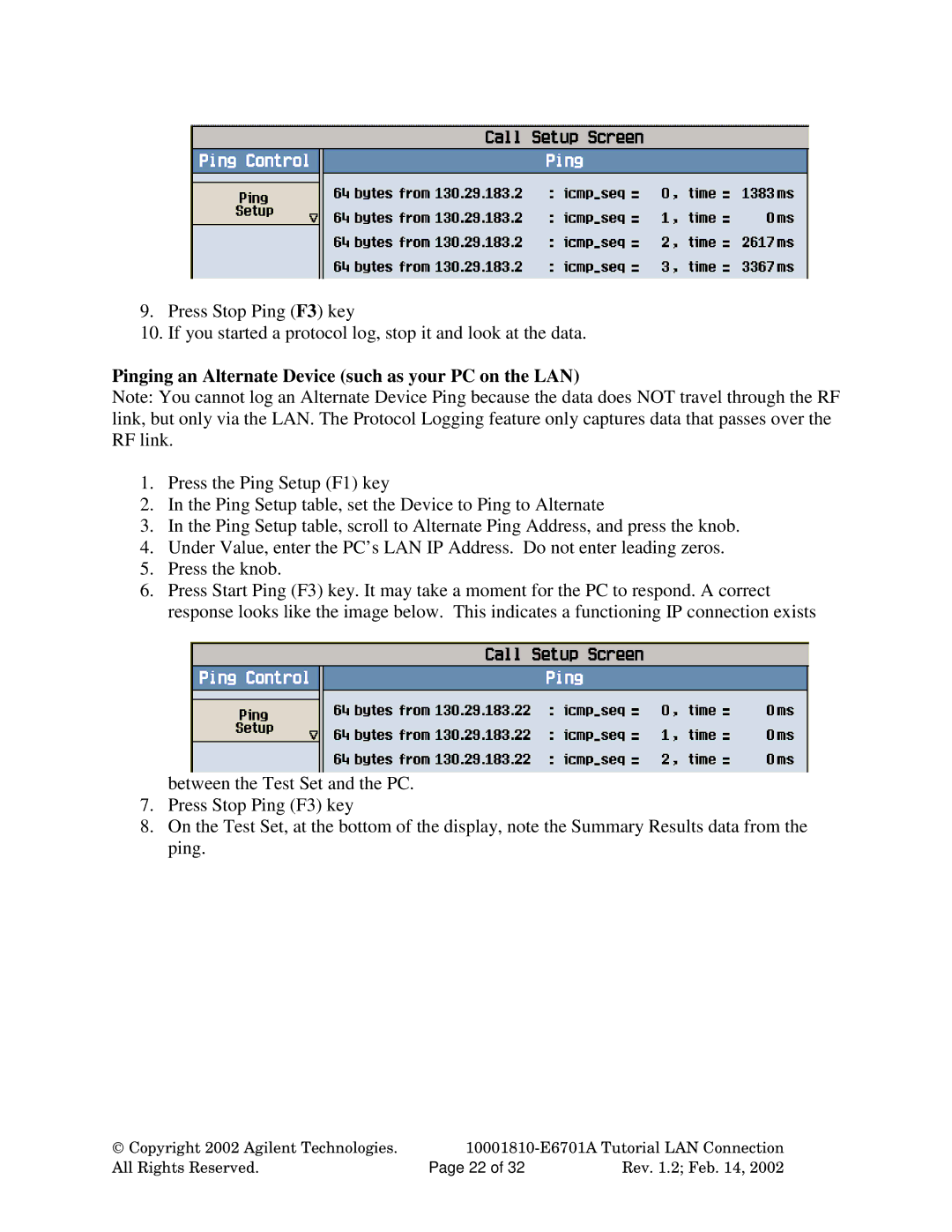 Agilent Technologies E6701A manual Pinging an Alternate Device such as your PC on the LAN 