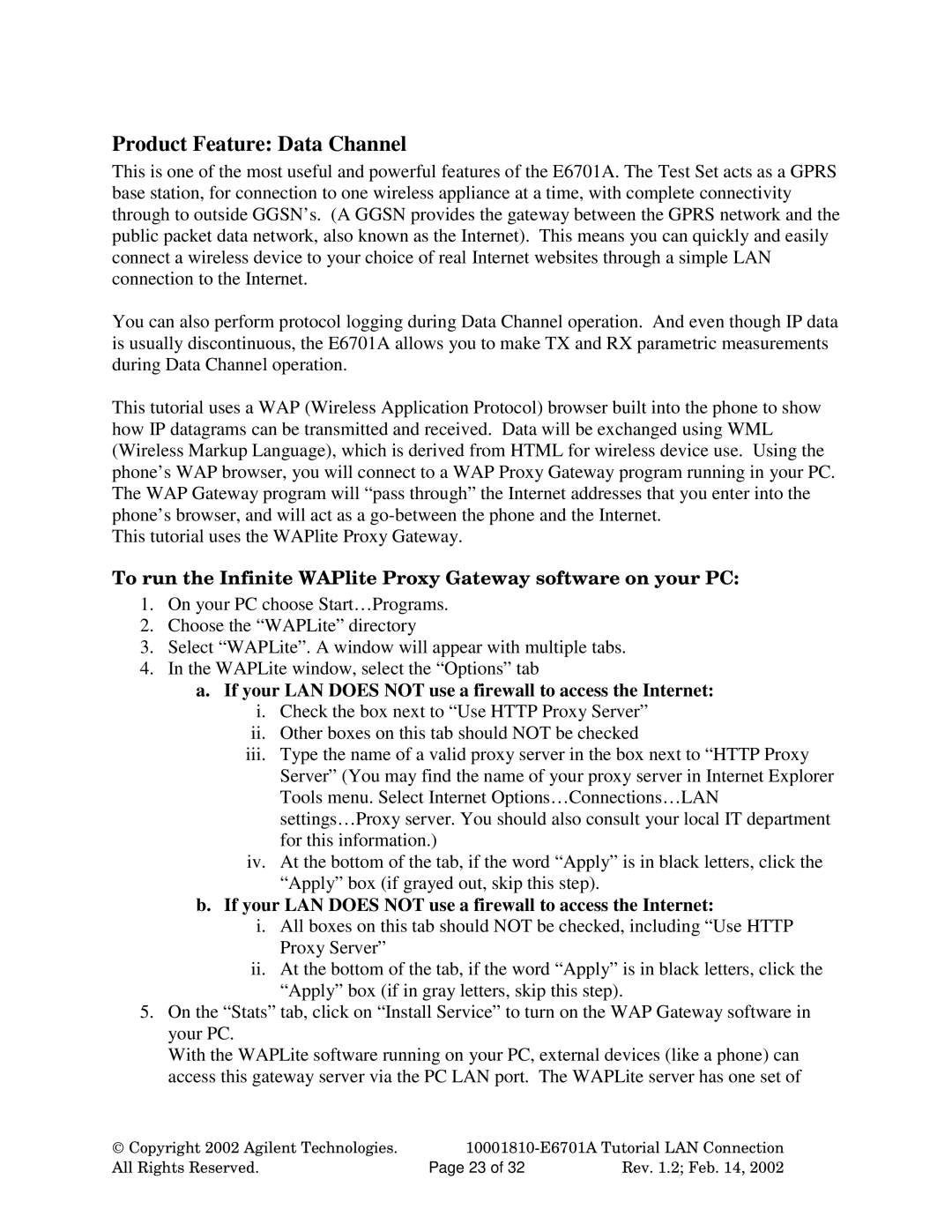 Agilent Technologies E6701A manual Product Feature Data Channel, If your LAN does not use a firewall to access the Internet 