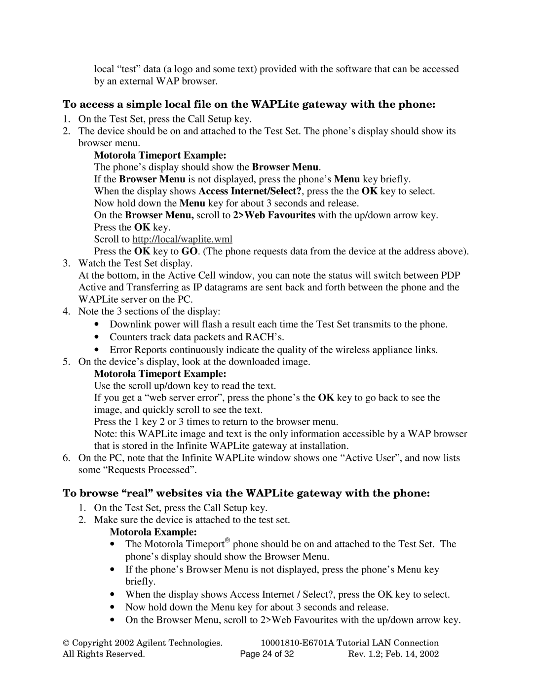 Agilent Technologies E6701A manual Scroll to http//local/waplite.wml, Motorola Example 