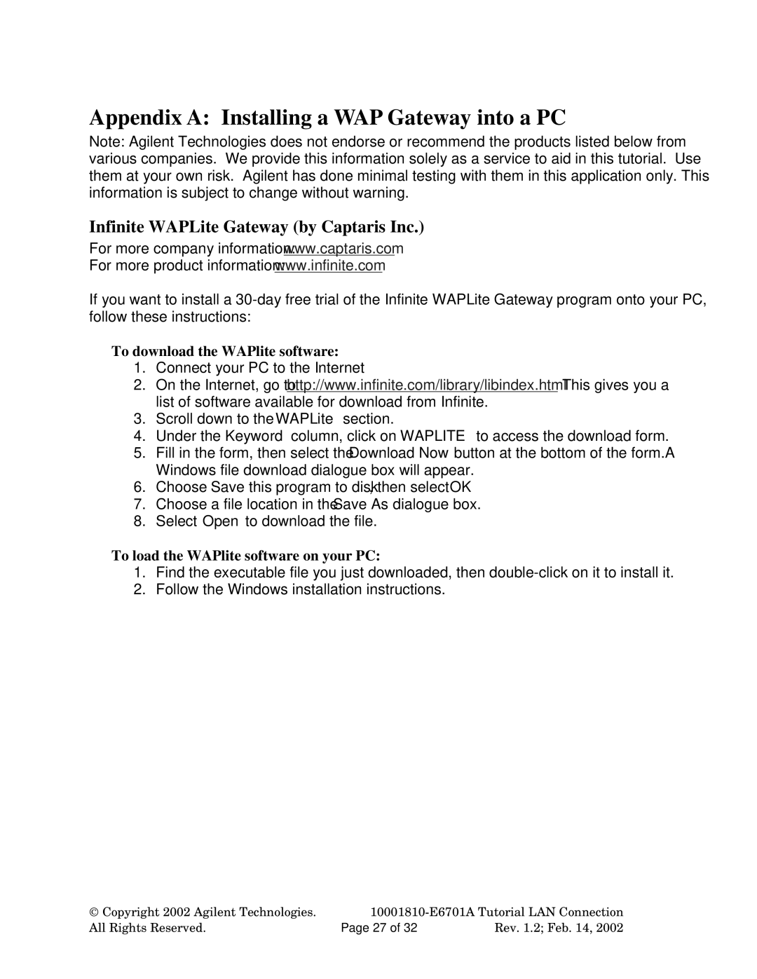 Agilent Technologies E6701A manual Appendix a Installing a WAP Gateway into a PC, Infinite WAPLite Gateway by Captaris Inc 