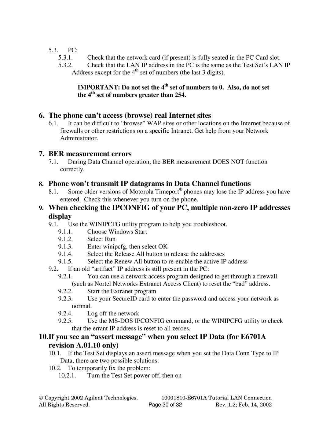 Agilent Technologies E6701A manual Phone can’t access browse real Internet sites, BER measurement errors 