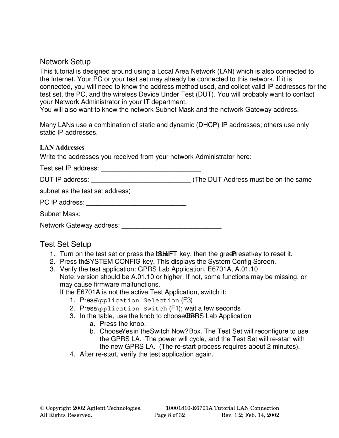 Agilent Technologies E6701A manual Network Setup, Test Set Setup, LAN Addresses 