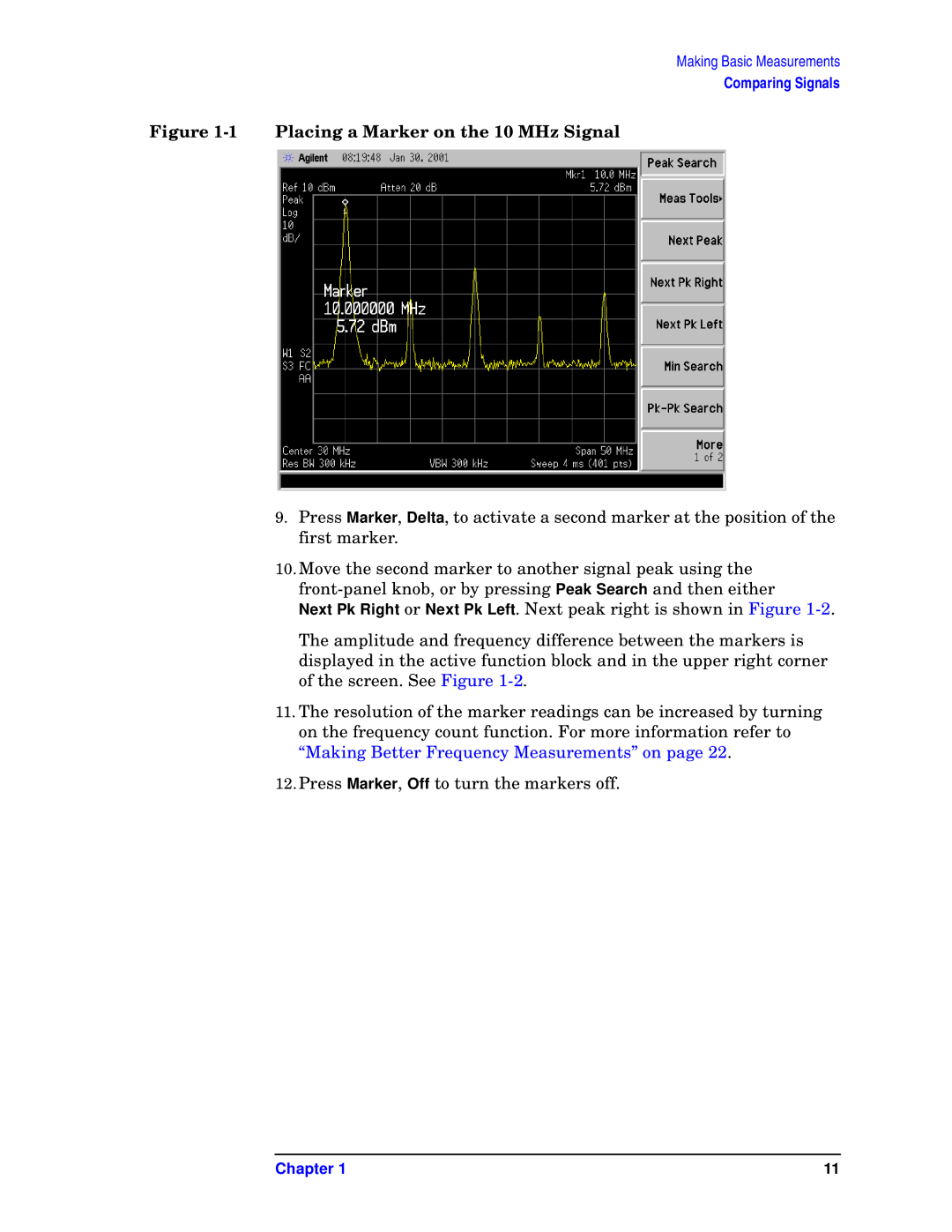 Agilent Technologies E7402A, E7405A, E7404A, E7403A, E7401A manual Placing a Marker on the 10 MHz Signal 