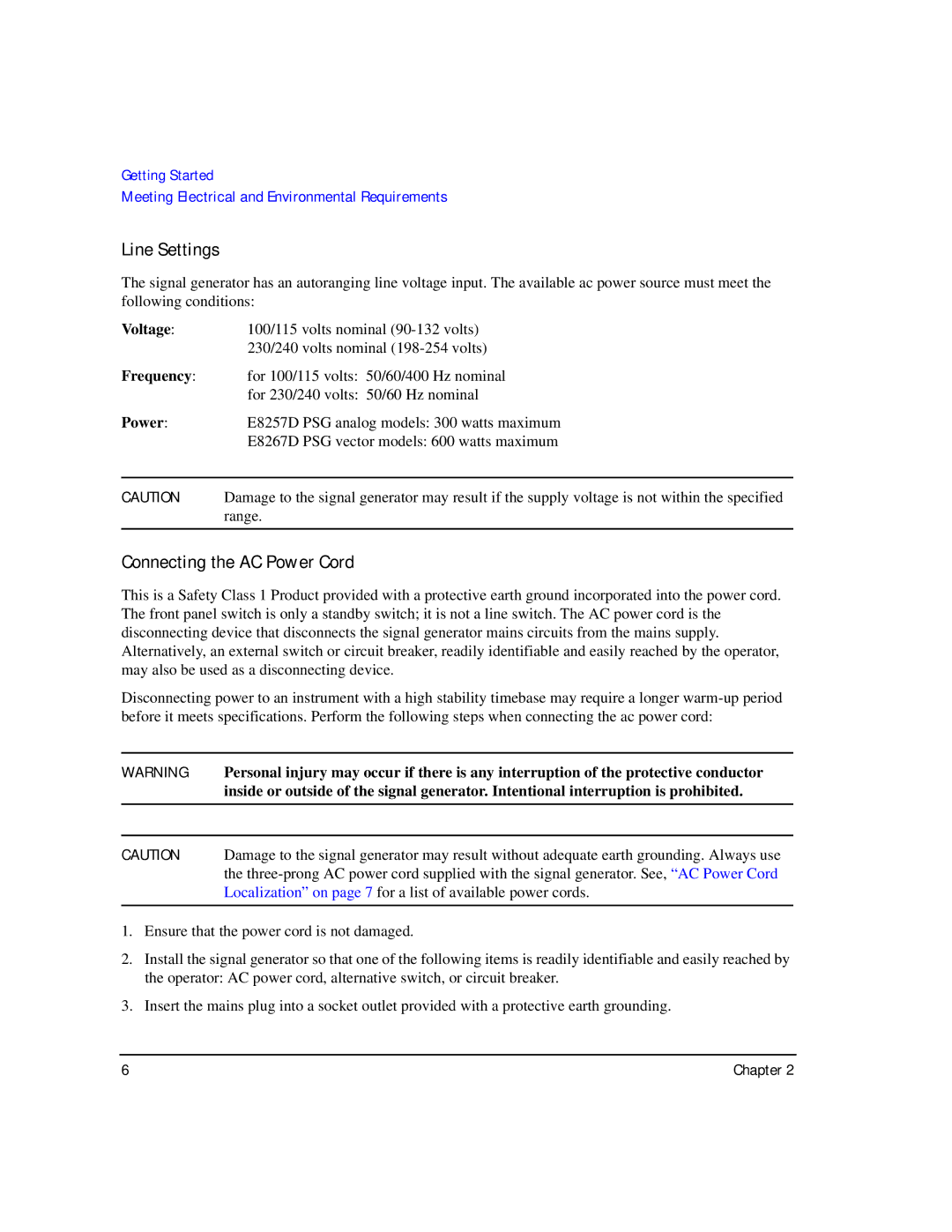 Agilent Technologies E8257D/67D manual Line Settings, Connecting the AC Power Cord 