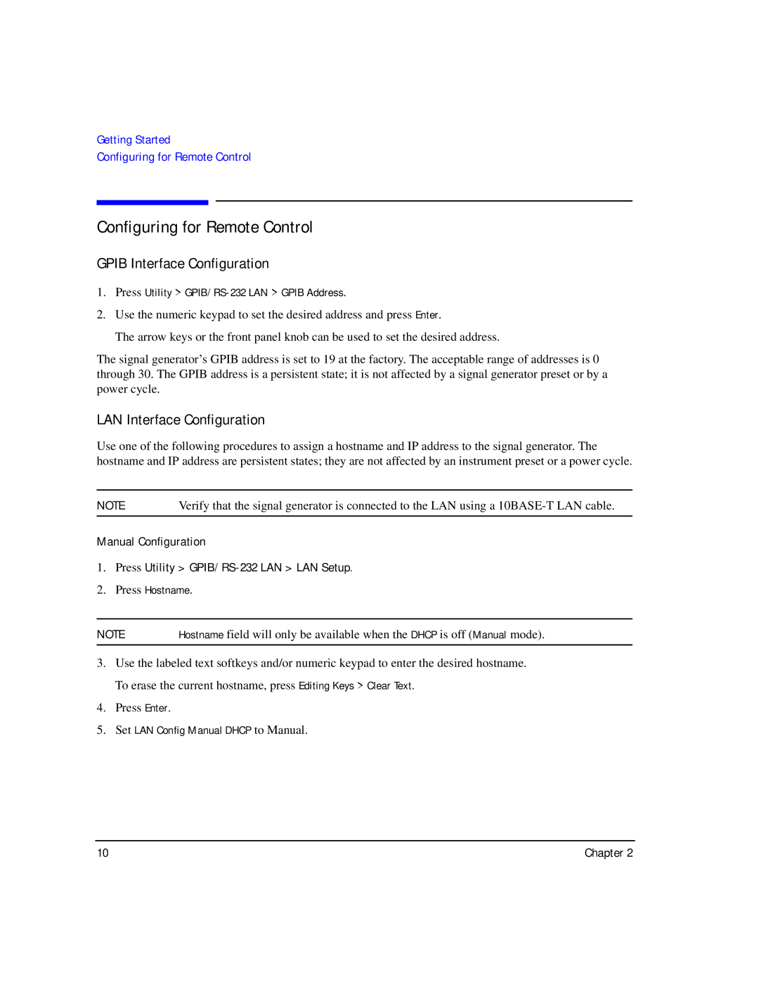 Agilent Technologies E8257D/67D Configuring for Remote Control, Gpib Interface Configuration, LAN Interface Configuration 