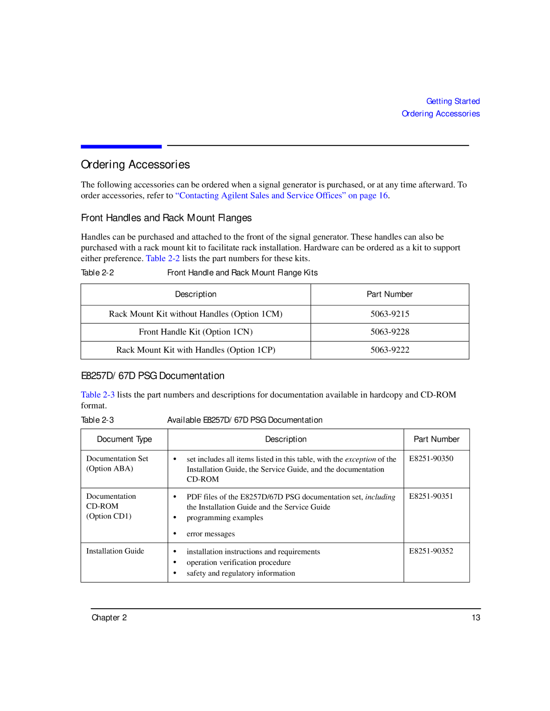 Agilent Technologies manual Ordering Accessories, Front Handles and Rack Mount Flanges, E8257D/67D PSG Documentation 