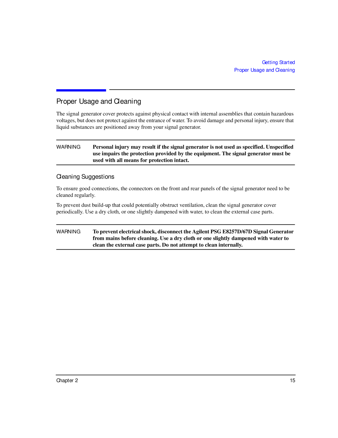 Agilent Technologies E8257D/67D manual Proper Usage and Cleaning, Cleaning Suggestions 