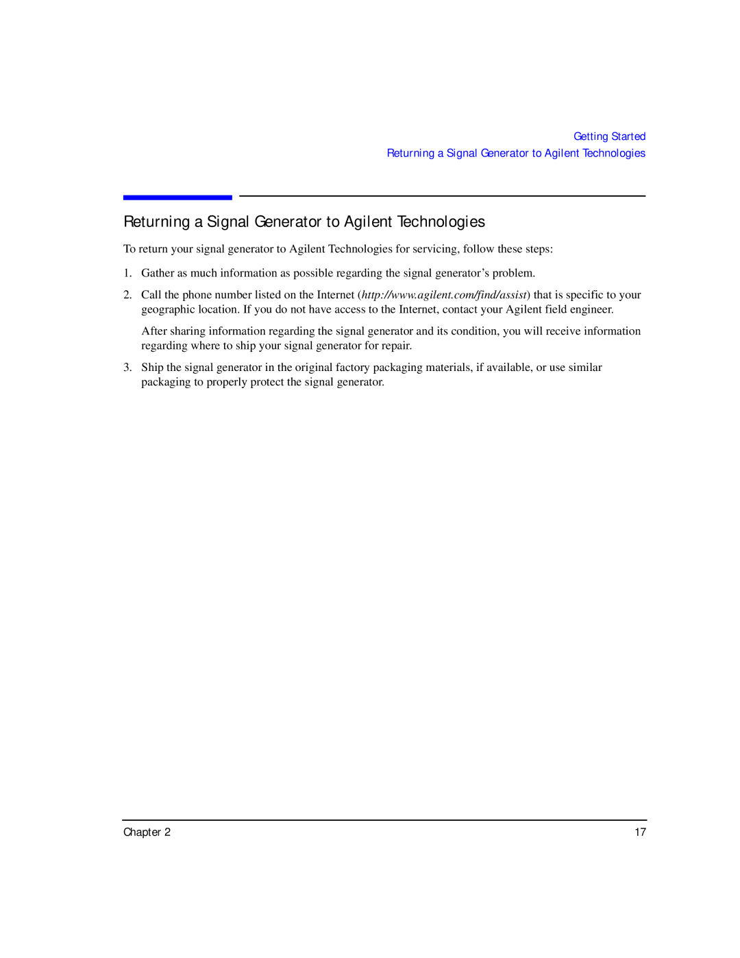 Agilent Technologies E8257D/67D manual Returning a Signal Generator to Agilent Technologies 