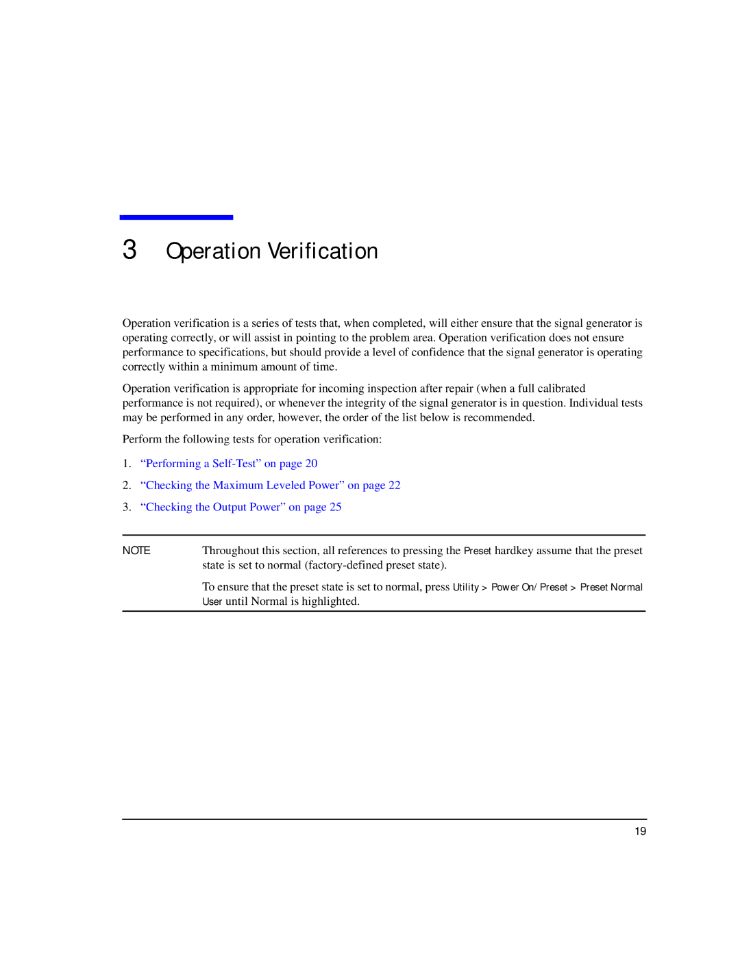 Agilent Technologies E8257D/67D manual Operation Verification 