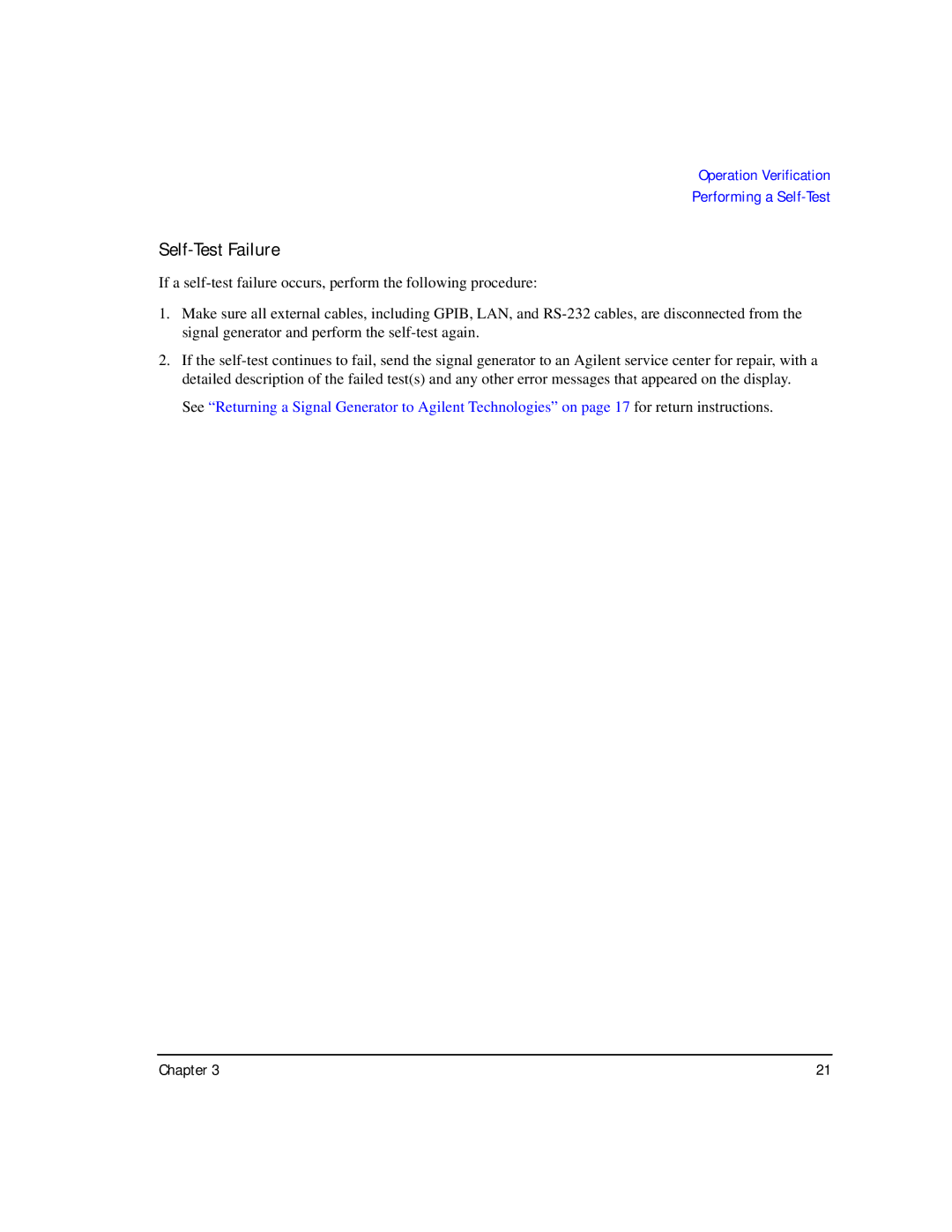 Agilent Technologies E8257D/67D manual Self-Test Failure, Chapter 