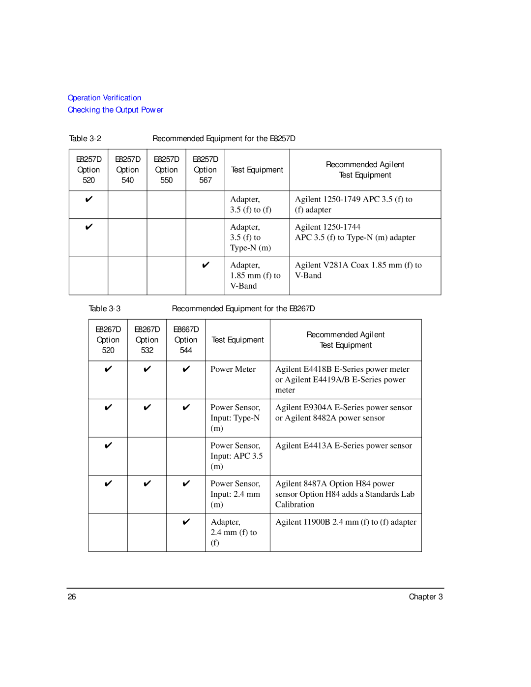 Agilent Technologies E8257D/67D manual 540, Recommended Equipment for the E8267D, Recommended Agilent Option 