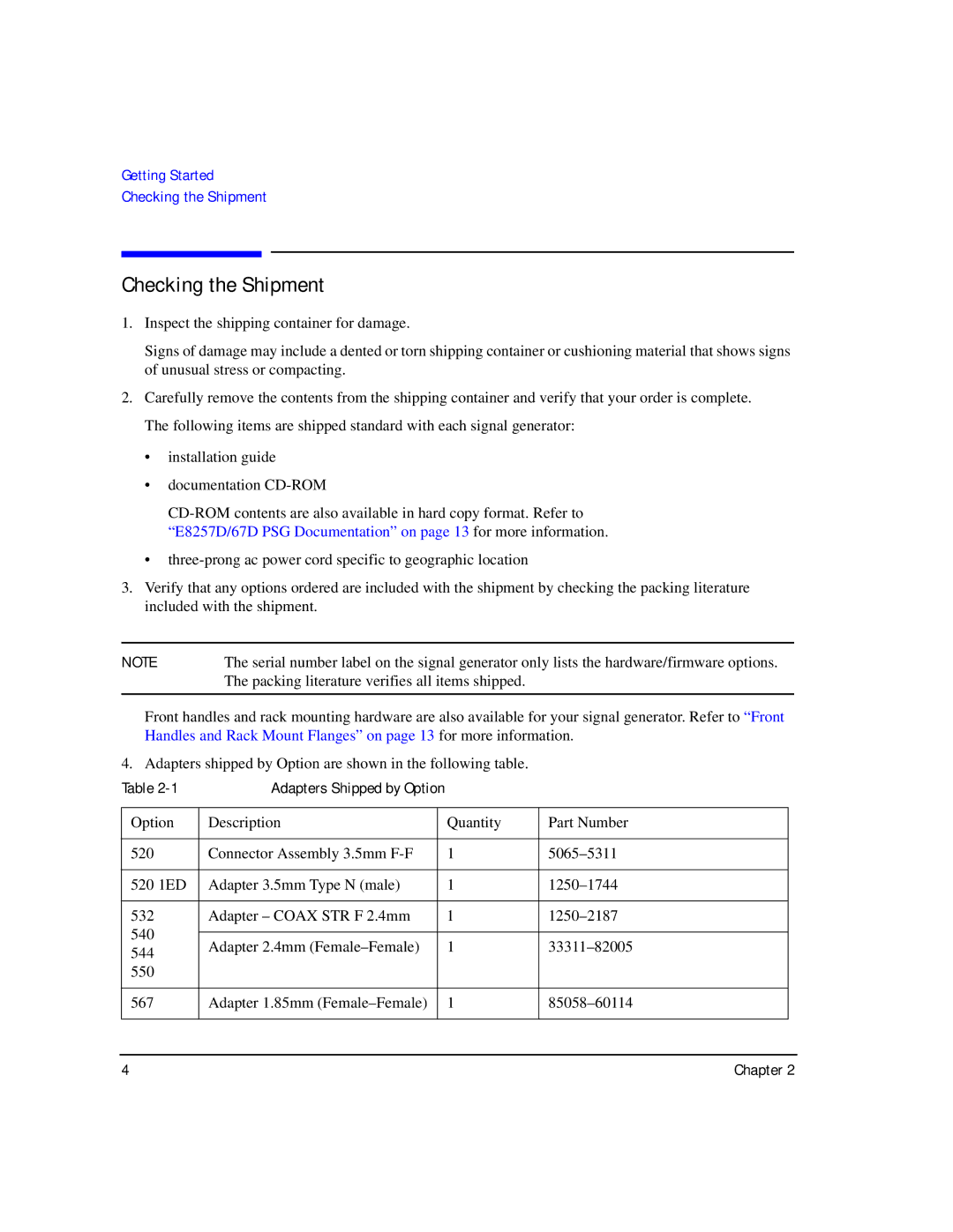 Agilent Technologies E8257D/67D manual Checking the Shipment 