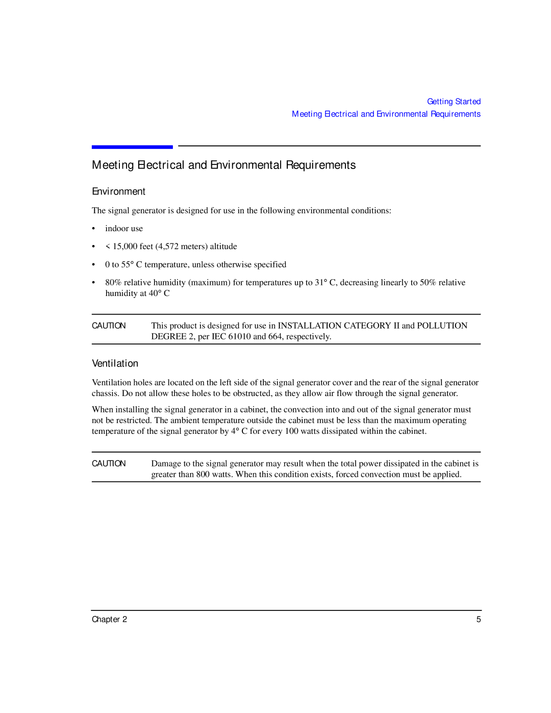 Agilent Technologies E8257D/67D manual Meeting Electrical and Environmental Requirements, Ventilation, Chapter 