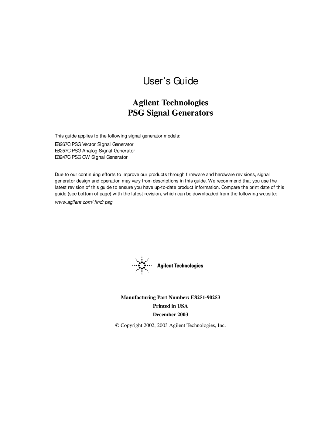 Agilent Technologies E8247C PSG CW, E8267C PSG, E8257C PSG manual User’s Guide 