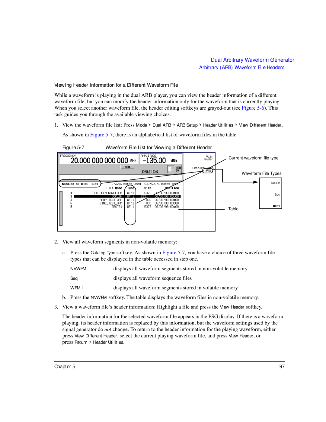 Agilent Technologies E8257C PSG, E8267C PSG, E8247C PSG CW manual Viewing Header Information for a Different Waveform File 