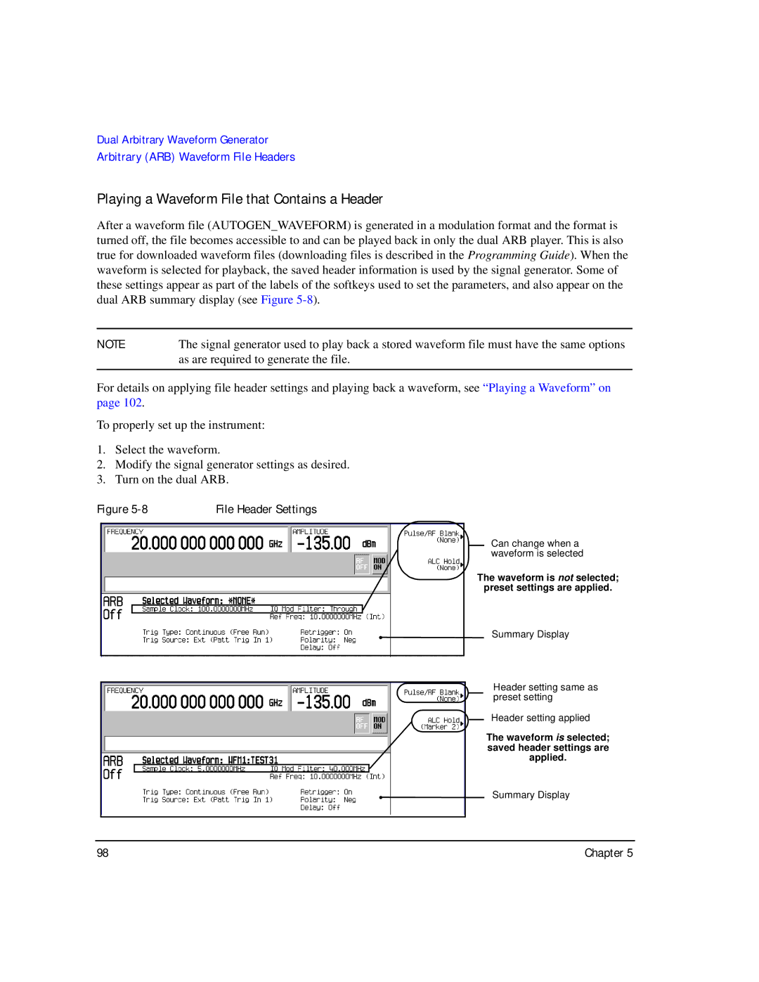 Agilent Technologies E8267C PSG, E8247C PSG CW manual Playing a Waveform File that Contains a Header, File Header Settings 