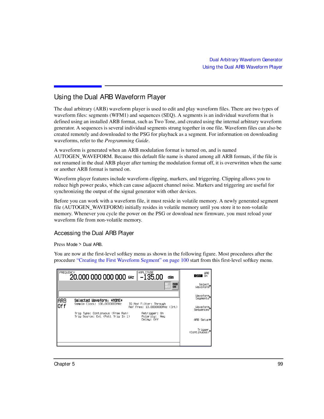 Agilent Technologies E8247C PSG CW, E8267C PSG manual Using the Dual ARB Waveform Player, Accessing the Dual ARB Player 