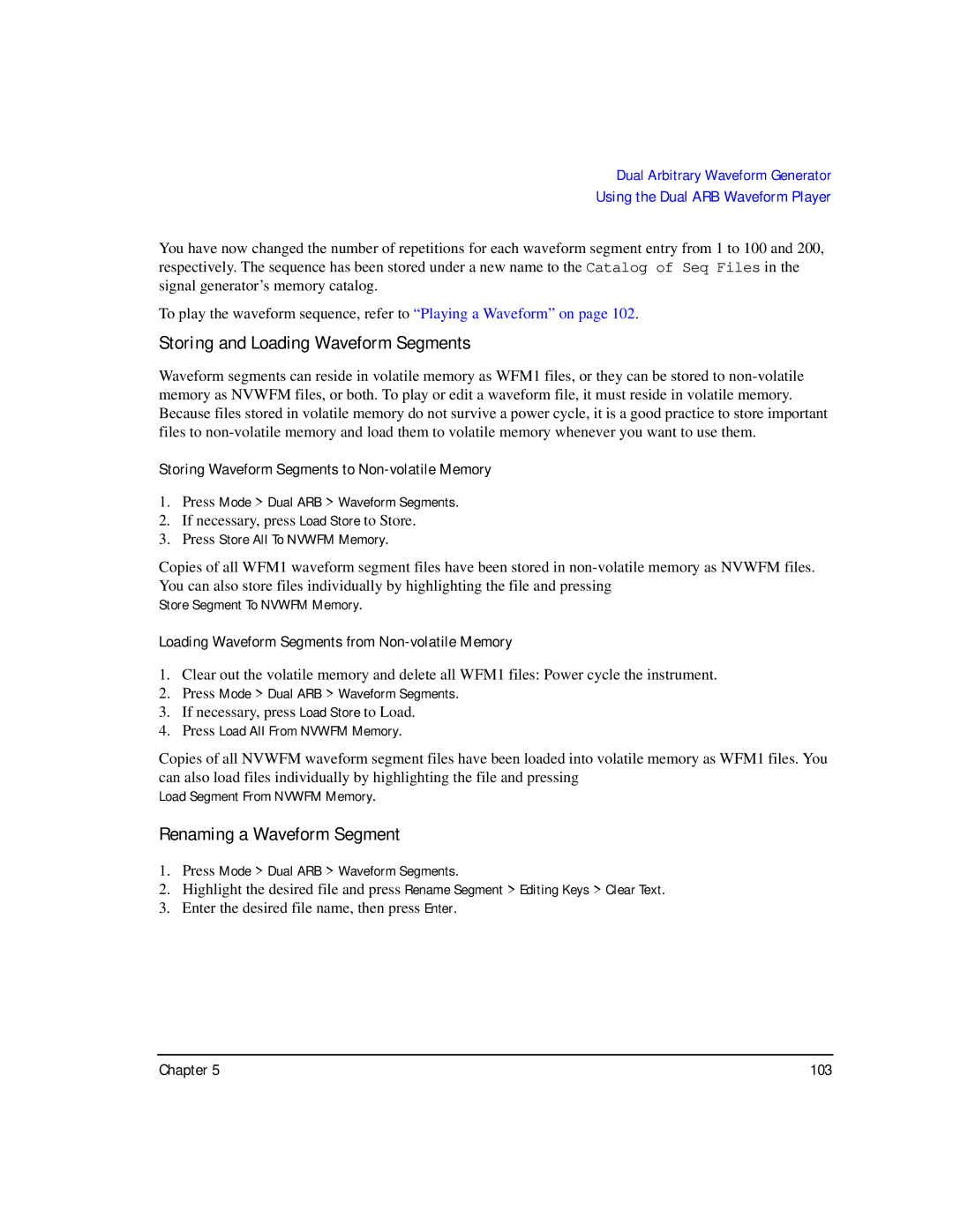 Agilent Technologies E8257C PSG, E8267C PSG manual Storing and Loading Waveform Segments, Renaming a Waveform Segment 