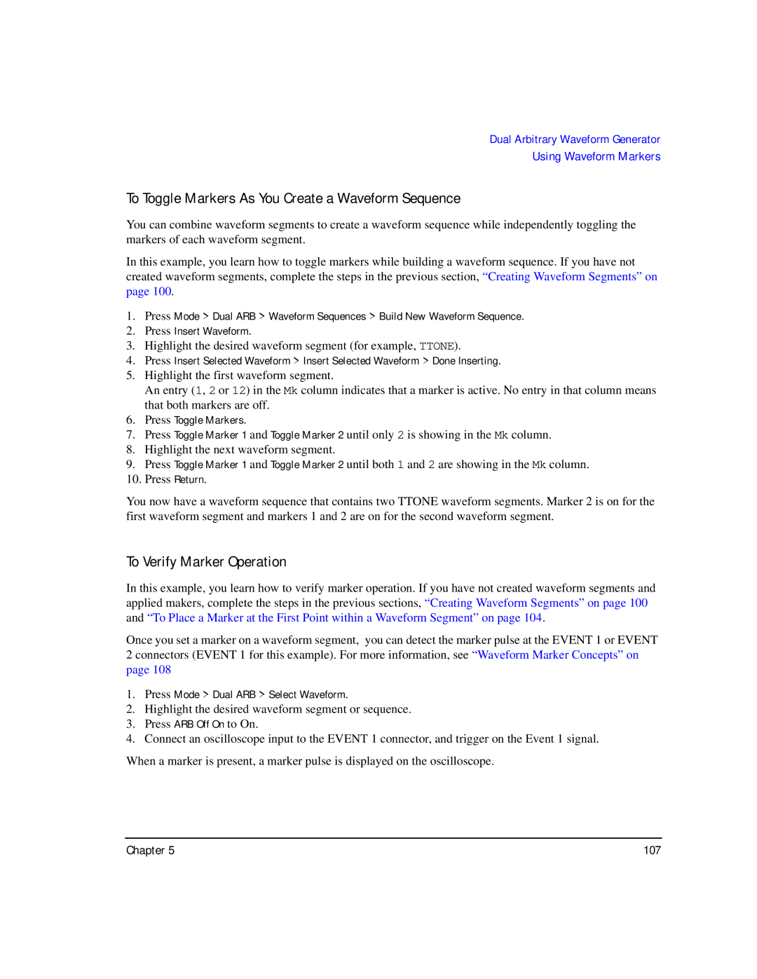 Agilent Technologies E8267C PSG manual To Toggle Markers As You Create a Waveform Sequence, To Verify Marker Operation 