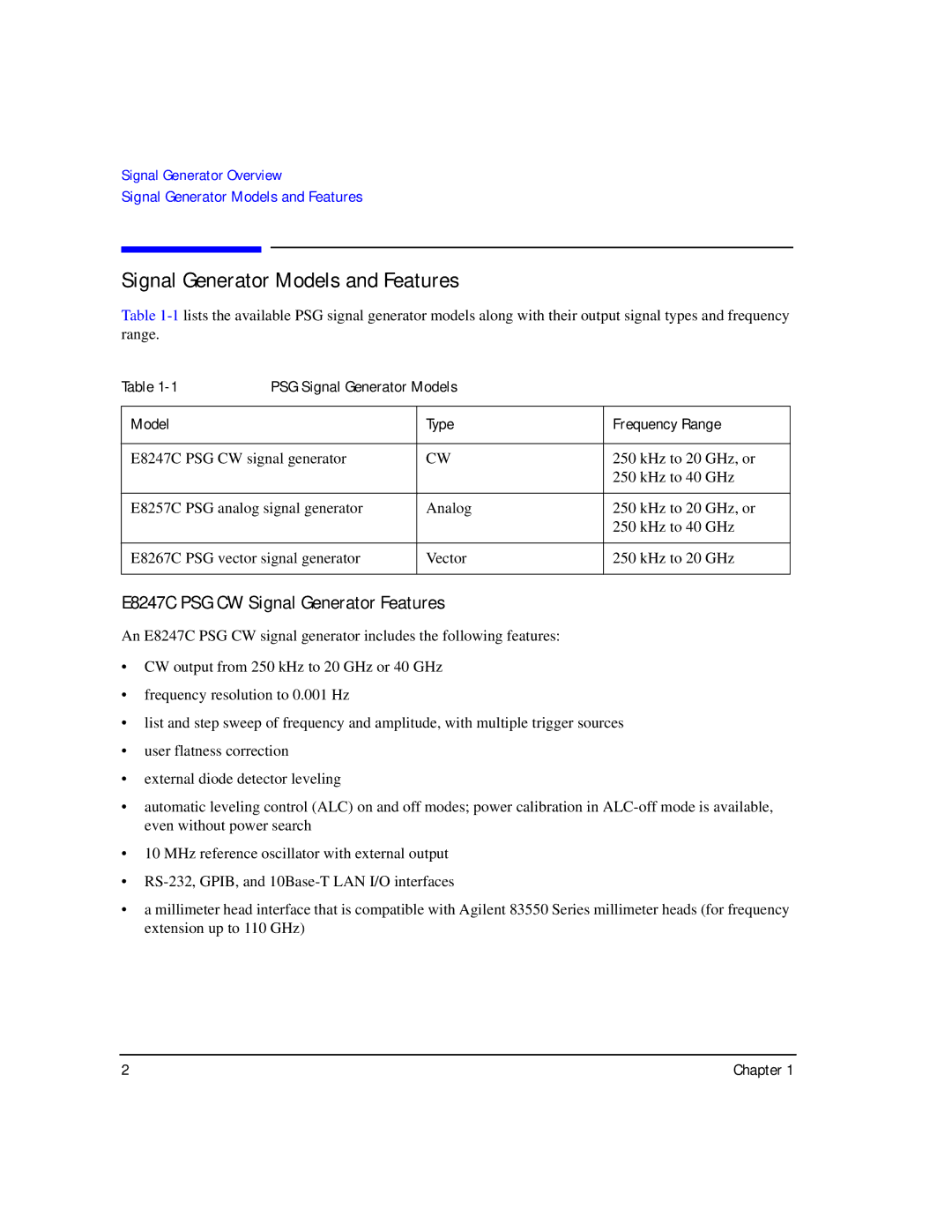 Agilent Technologies E8267C PSG, E8257C PSG Signal Generator Models and Features, E8247C PSG CW Signal Generator Features 